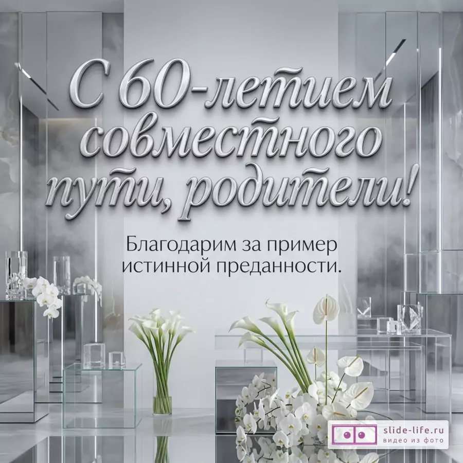 Светло-серый интерьер с зеркальными панелями, стеклянными столиками и белыми каллами и орхидеями, текст «С 60-летием совместного пути, родители! Благодарим за пример истинной преданности.»