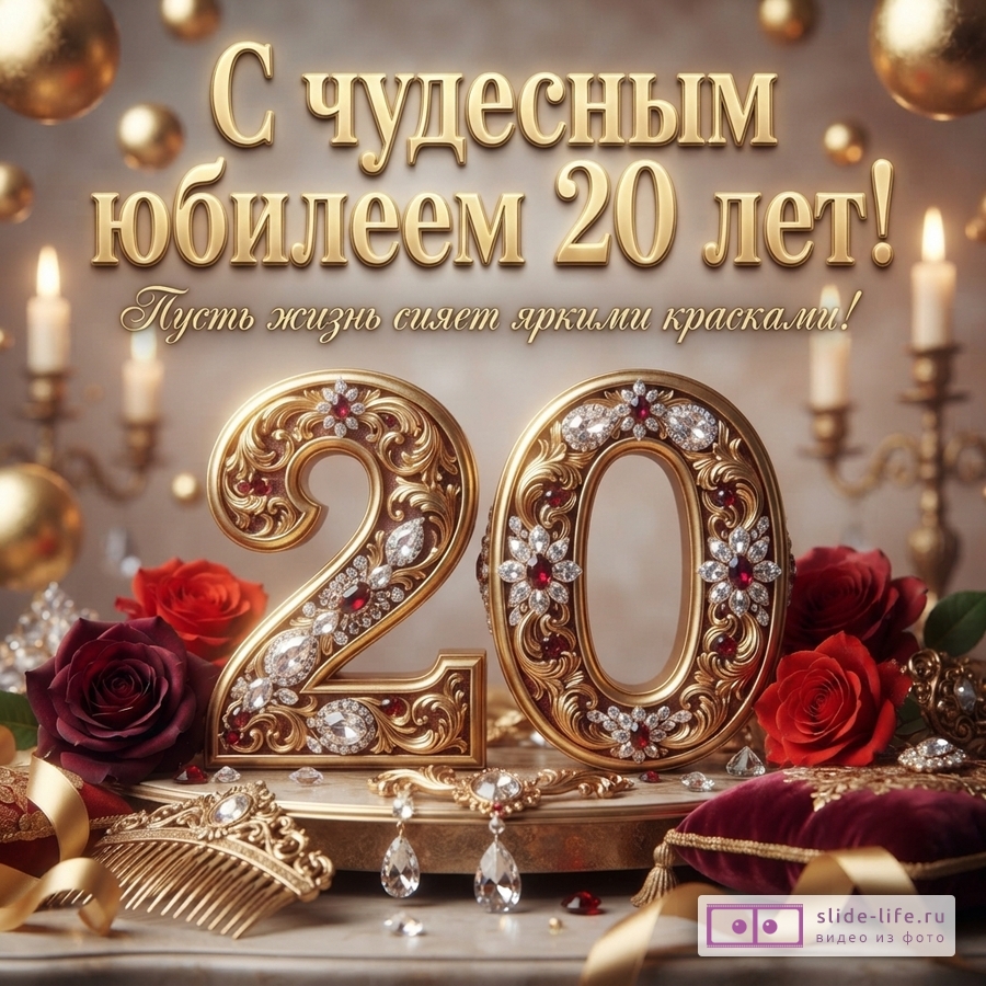 Фон бежевый, золотые шары, свечи. Золотые буквы «С чудесным юбилеем 20 лет! Пусть жизнь сияет яркими красками!». Золотые цифры «20» с красными и белыми камнями. Красные розы, золотые украшения, красная подушка.
