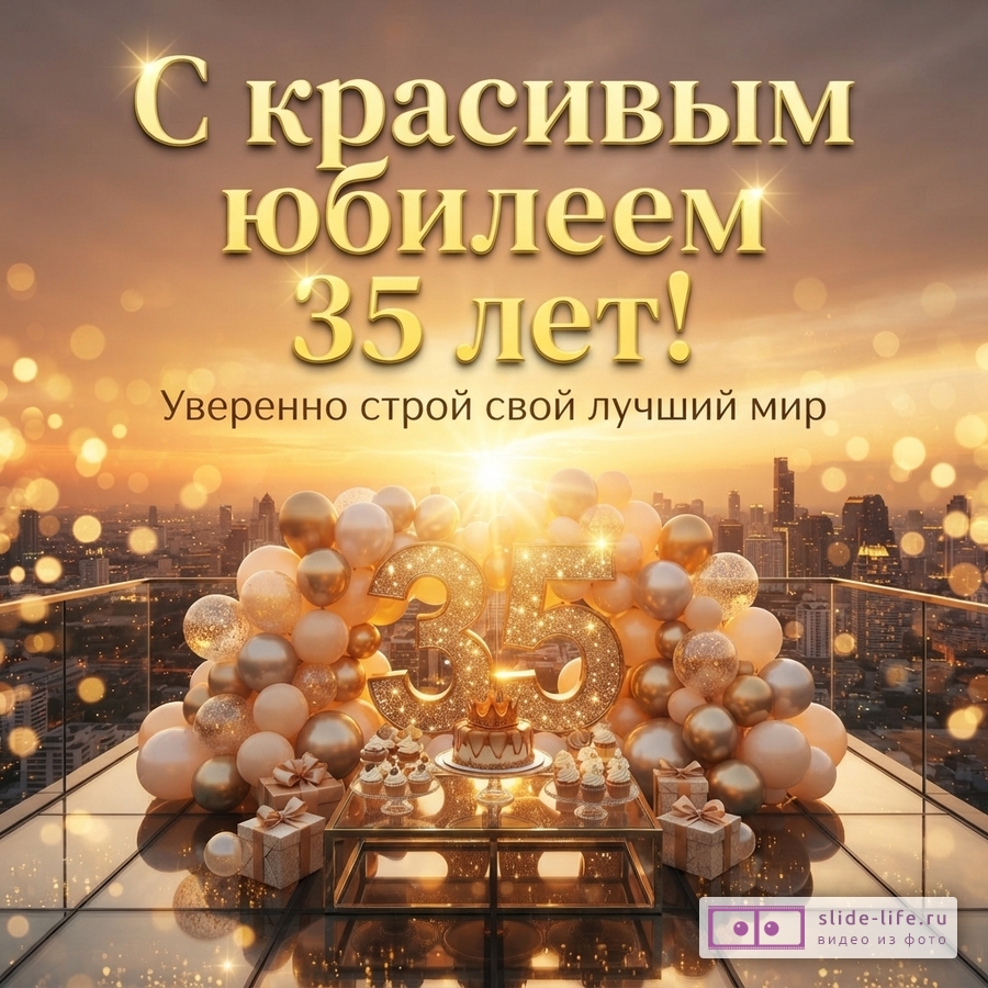 Открытка на фоне заката над городом с воздушными шарами, тортом и надписью «С красивым юбилеем 35 лет! Уверенно строй свой лучший мир».