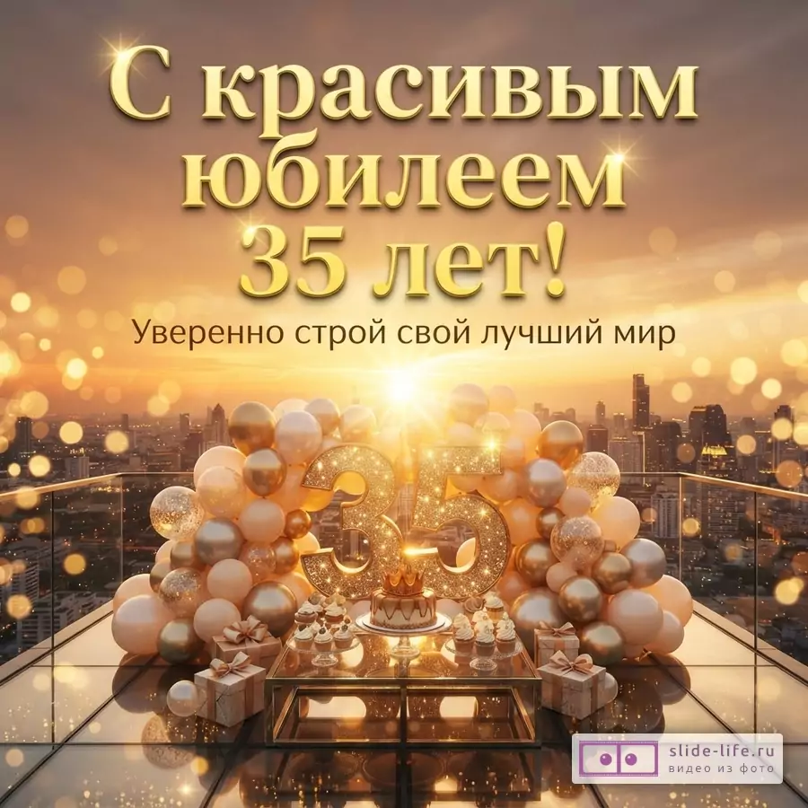 Открытка на фоне заката над городом с воздушными шарами, тортом и надписью «С красивым юбилеем 35 лет! Уверенно строй свой лучший мир».