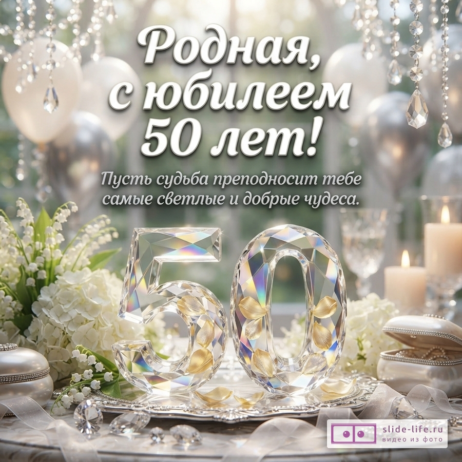Открытка с белым фоном, воздушными шарами и хрустальными подвесками. В центре надпись «Родная, с юбилеем 50 лет!» и «Пусть судьба преподносит тебе самые светлые и добрые чудеса.».