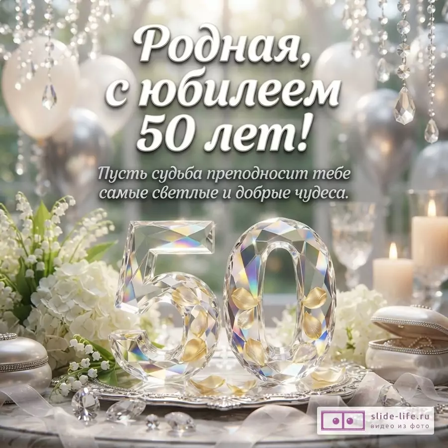 Открытка с белым фоном, воздушными шарами и хрустальными подвесками. В центре надпись «Родная, с юбилеем 50 лет!» и «Пусть судьба преподносит тебе самые светлые и добрые чудеса.».