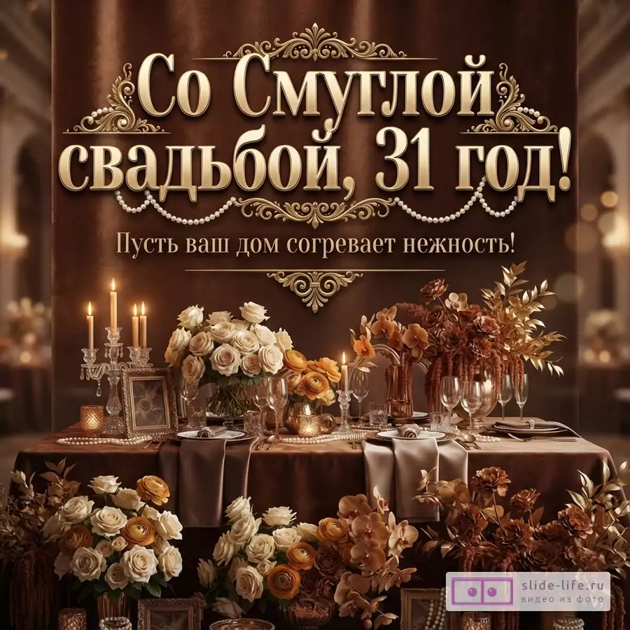 Коричневый фон, золотой декоративный текст «Со Смуглой свадьбой, 31 год! Пусть ваш дом согревает нежность!», цветы, свечи, сервированный стол