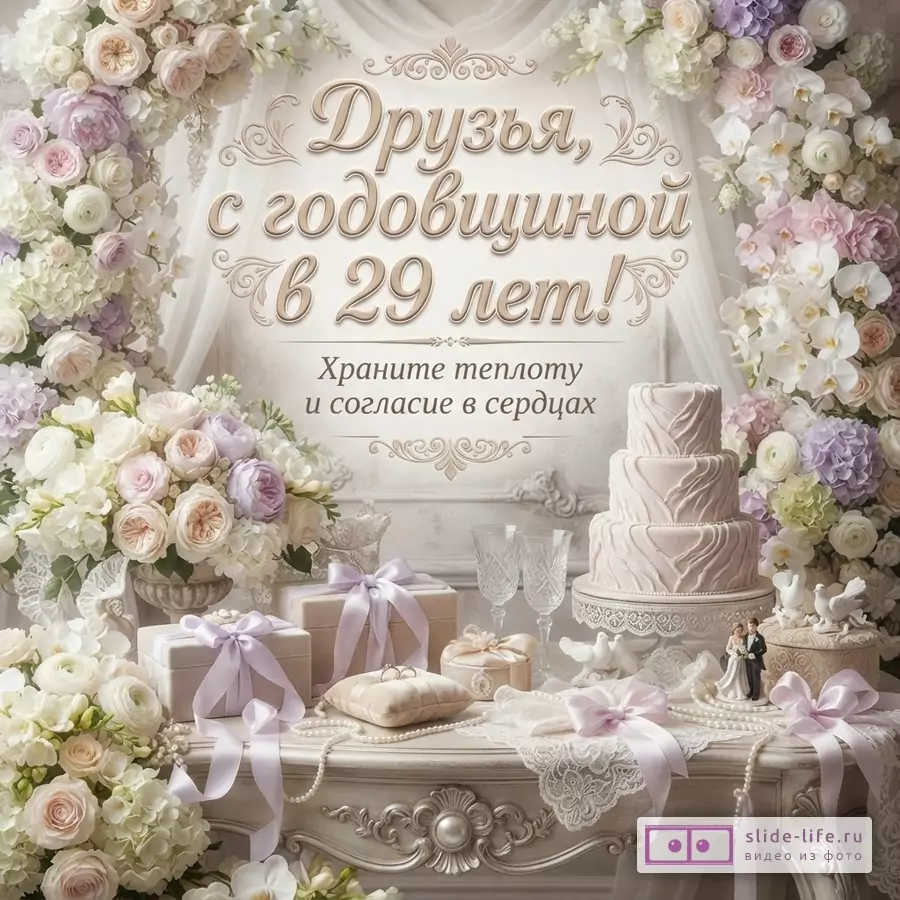 Праздничный фон с белыми и сиреневыми цветами, свадебный торт, подарки, бокалы. Текст: «Друзья, с годовщиной в 29 лет! Храните теплоту и согласие в сердцах»