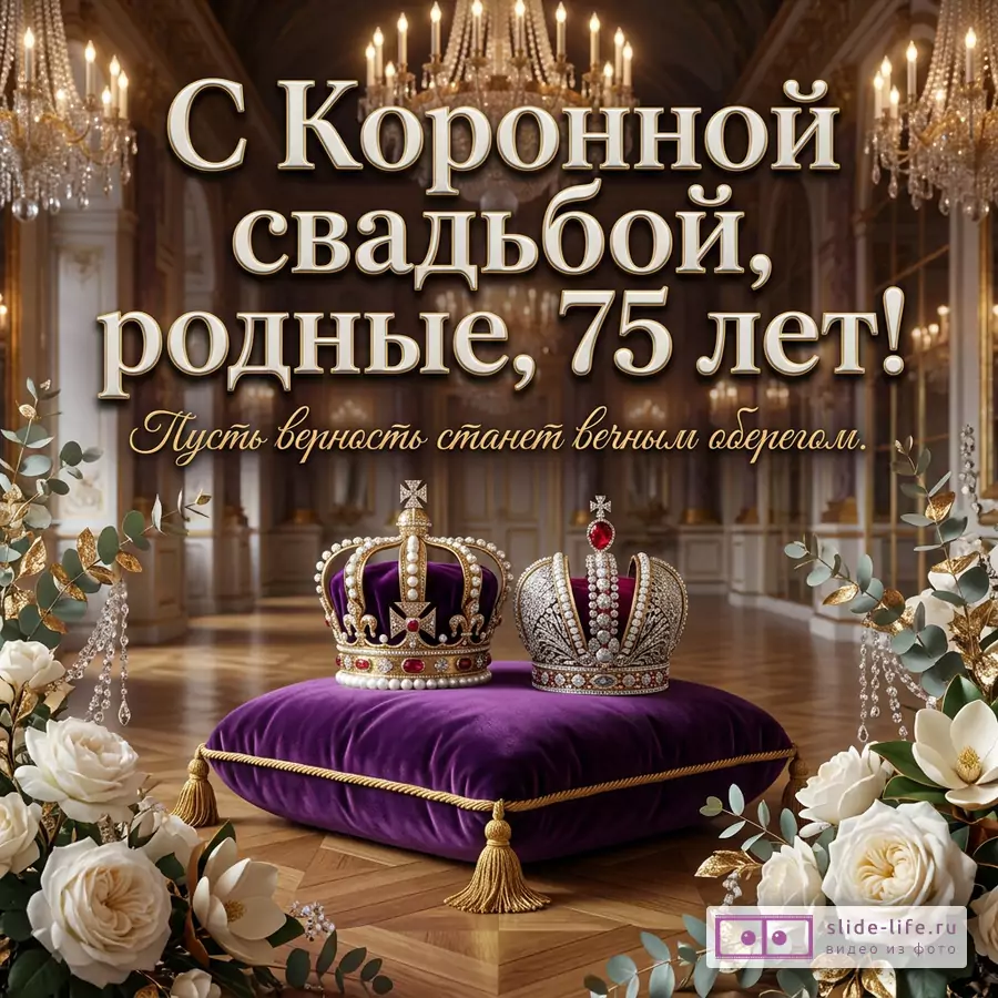 Две королевские короны на фиолетовой бархатной подушке среди белых роз в дворцовом зале. Текст: «С Коронной свадьбой, родные, 75 лет! Пусть верность станет вечным оберегом.»