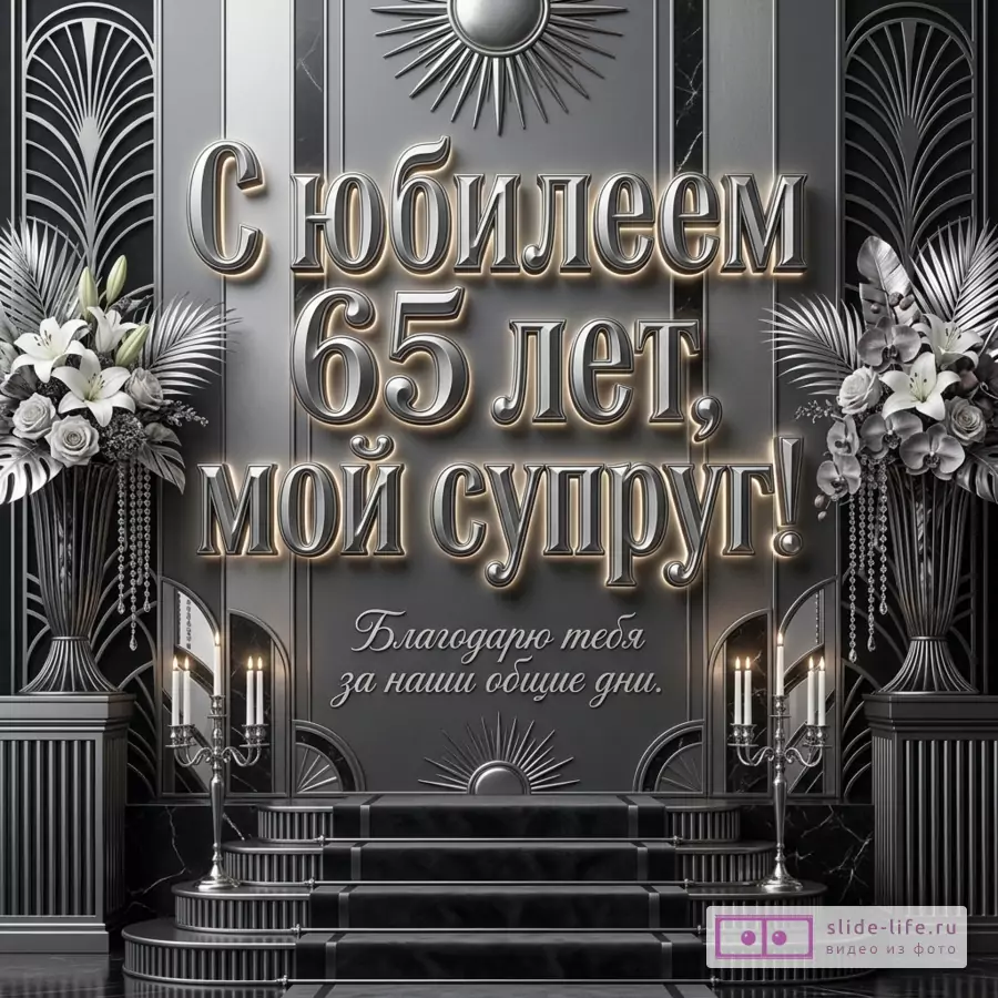 Серебристо-черная открытка в стиле ар-деко с цветочными композициями, свечами и лестницей, текст «С юбилеем 65 лет, мой супруг! Благодарю тебя за наши общие дни.»