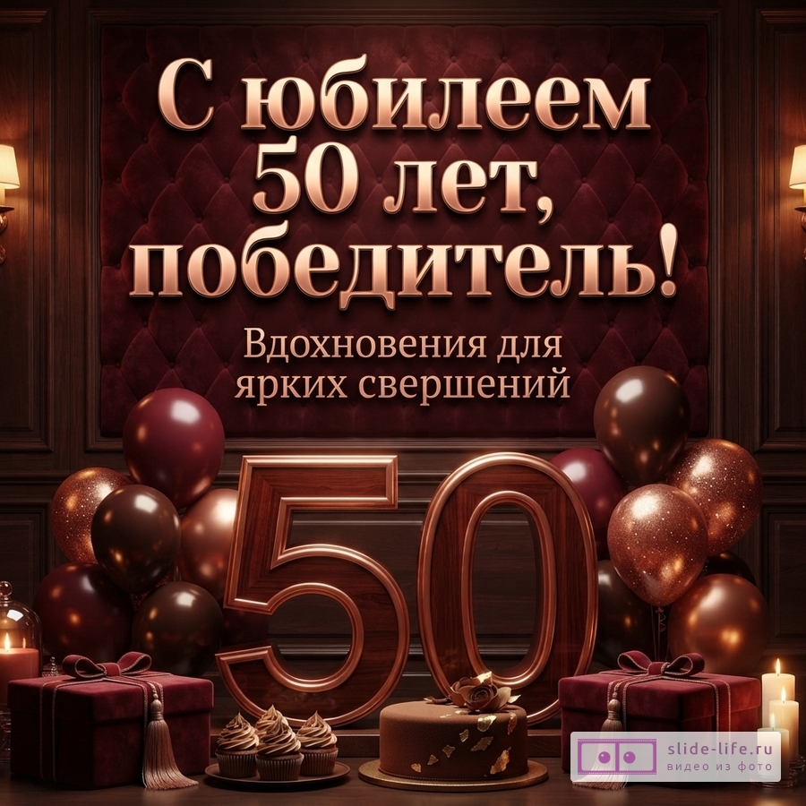Открытка с юбилеем 50 лет мужчине на бордовом фоне с золотыми буквами. Внизу большие цифры «50», шары, подарки, торт, кексы, свечи. Текст: «С юбилеем 50 лет, победитель! Вдохновения для ярких свершений.»