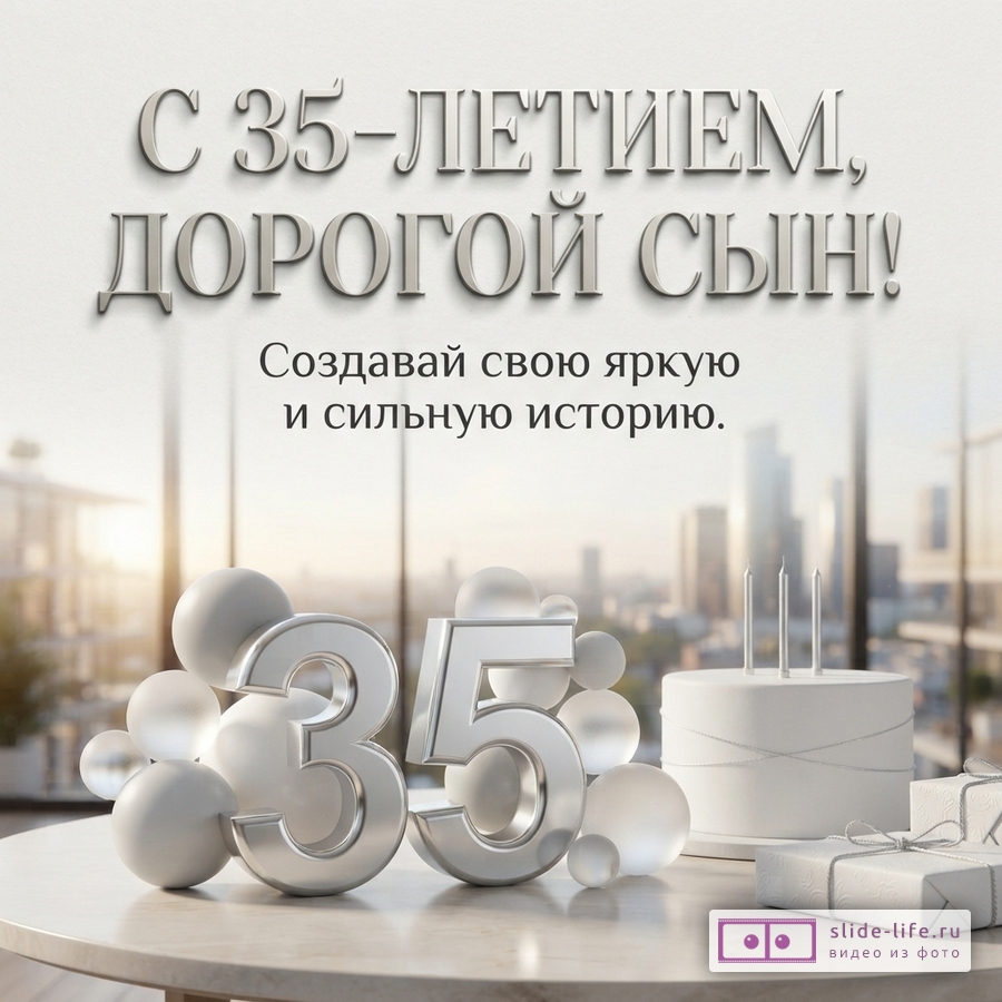 Объемная серебристая цифра 35, белый торт и подарки на фоне панорамы города с текстом: «С 35-ЛЕТИЕМ, ДОРОГОЙ СЫН! Создавай свою яркую и сильную историю.»