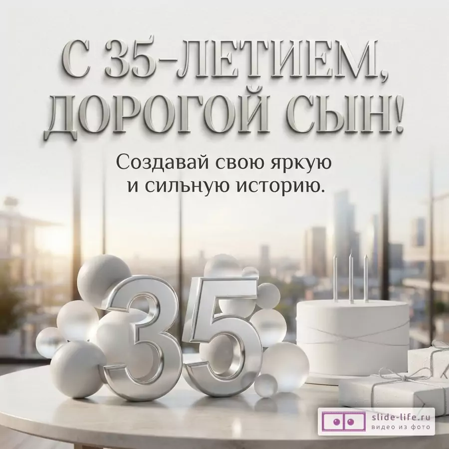 Объемная серебристая цифра 35, белый торт и подарки на фоне панорамы города с текстом: «С 35-ЛЕТИЕМ, ДОРОГОЙ СЫН! Создавай свою яркую и сильную историю.»
