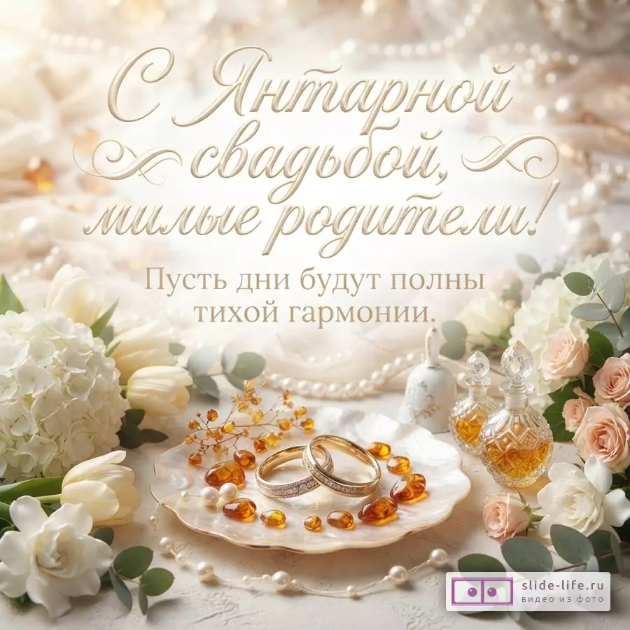 Фон бежевый, светлый. В центре золотые обручальные кольца, янтарные камни, жемчуг на перламутровой тарелке. Слева белые цветы, справа розовые розы. Текст: «С Янтарной свадьбой, милые родители! Пусть дни будут полны тихой гармонии.»