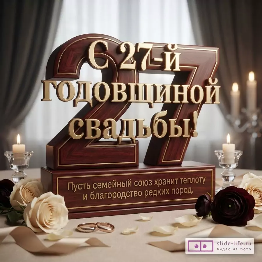 Открытка с объемными цифрами 27 из темного дерева с золотыми буквами на светлом фоне. Текст: «С 27-й Годовщиной свадьбы! Пусть семейный союз хранит теплоту и благородство редких пород.»