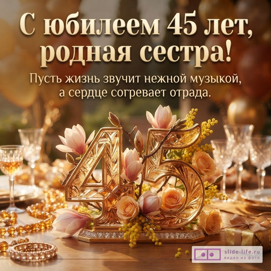 Открытка с золотыми буквами на коричневом фоне. На переднем плане золотые цифры «45» с цветами магнолии, мимозы и розами. Текст: «С юбилеем 45 лет, родная сестра! Пусть жизнь звучит нежной музыкой, а сердце согревает отрада.»