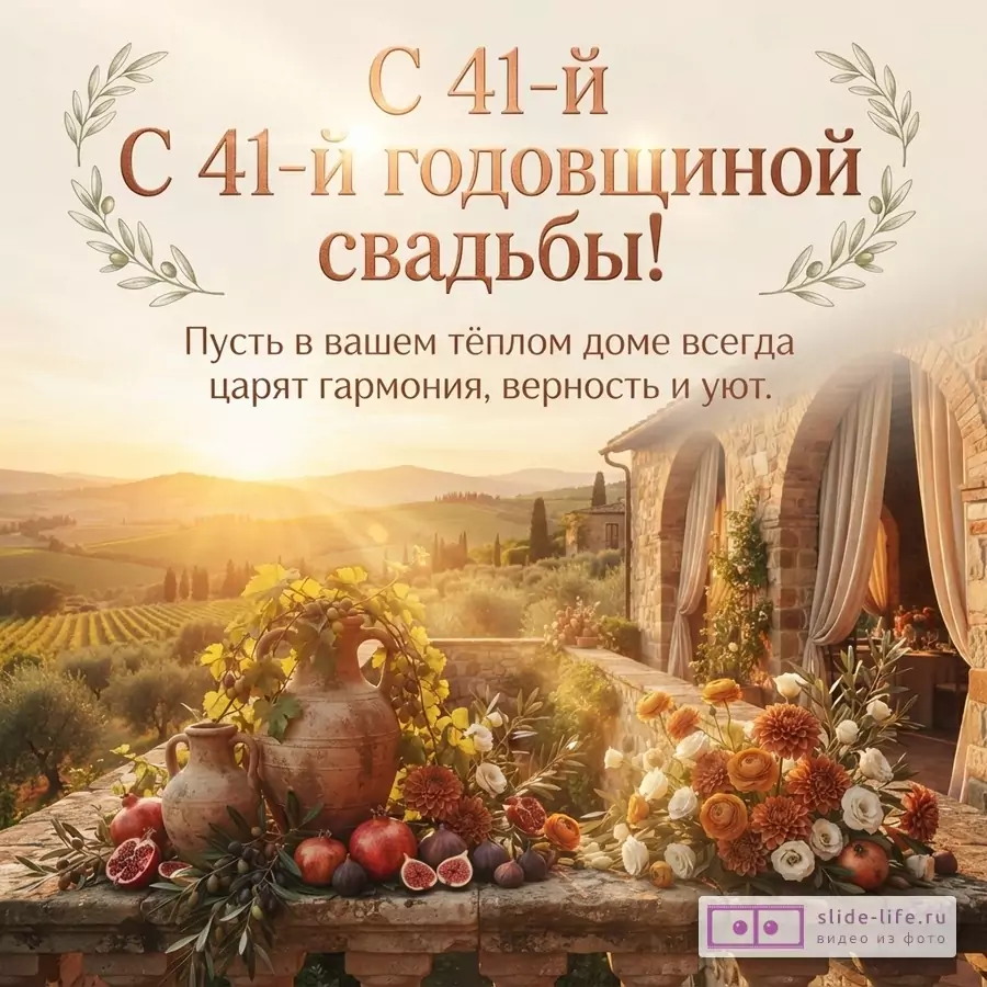 Открытка с видом на тосканский пейзаж на закате, на переднем плане балкон с вазами, фруктами и цветами. Текст: «С 41-й годовщиной свадьбы! Пусть в вашем тёплом доме всегда царят гармония, верность и уют.»