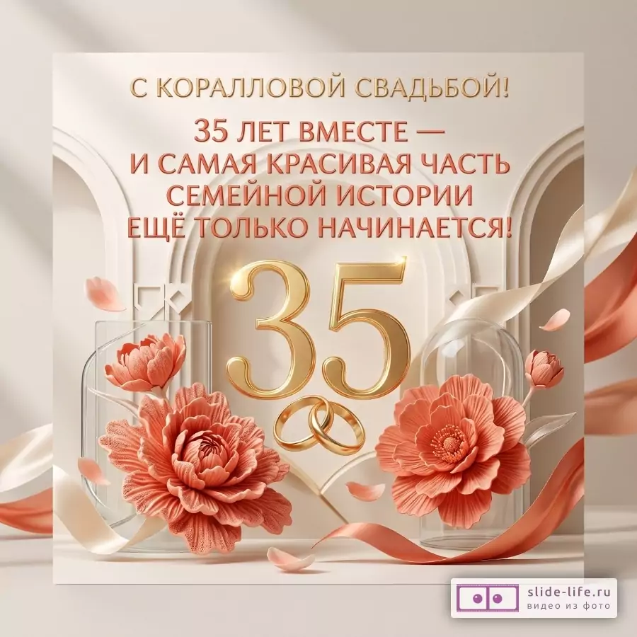 Бежево-коралловая открытка с золотой надписью «С КОРАЛЛОВОЙ СВАДЬБОЙ! 35 ЛЕТ ВМЕСТЕ — И САМАЯ КРАСИВАЯ ЧАСТЬ СЕМЕЙНОЙ ИСТОРИИ ЕЩЁ ТОЛЬКО НАЧИНАЕТСЯ!», цифрой 35, цветами и кольцами.