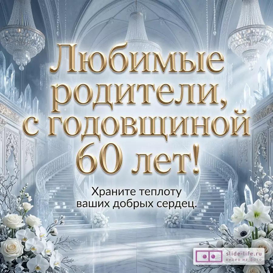 Голубой дворцовый интерьер с хрустальными люстрами, лестницами, кристаллами и белыми цветами, золотой и черный текст «Любимые родители, с годовщиной 60 лет! Храните теплоту ваших добрых сердец.»