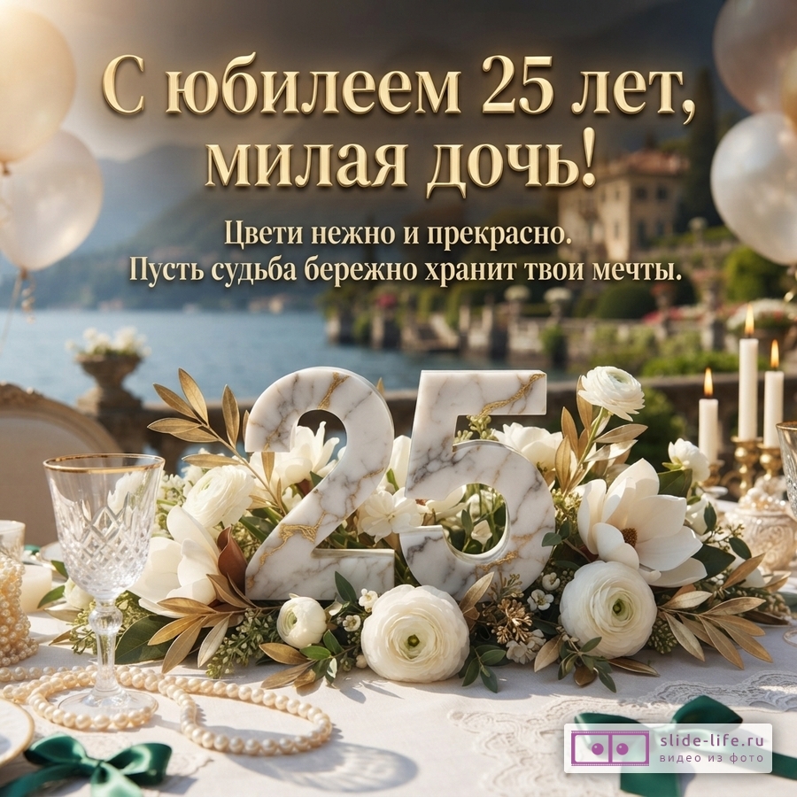 Золотой текст «С юбилеем 25 лет, милая дочь! Цвети нежно и прекрасно. Пусть судьба бережно хранит твои мечты.» на фоне озера, цветов, свечей и цифры 25