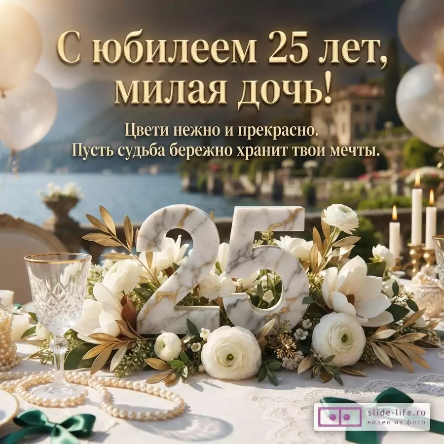 Золотой текст «С юбилеем 25 лет, милая дочь! Цвети нежно и прекрасно. Пусть судьба бережно хранит твои мечты.» на фоне озера, цветов, свечей и цифры 25