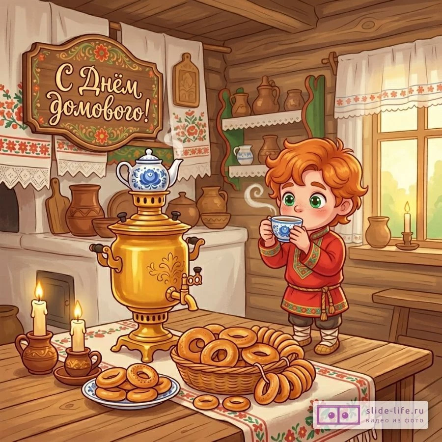 Поздравляю с Днём домового — милая открытка с домовым в русском стиле
