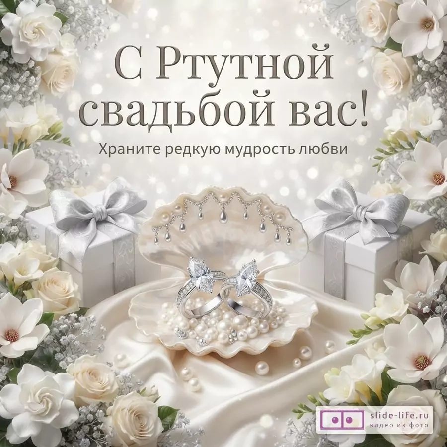 Открытка с белым фоном, цветами и подарками. На переднем плане ракушка с жемчугом и двумя кольцами. Текст: «С Ртутной свадьбой вас! Храните редкую мудрость любви»