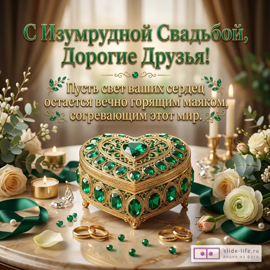 Открытка с текстом «С Изумрудной Свадьбой, Дорогие Друзья! Пусть свет ваших сердец остается вечно горящим маяком, согревающим этот мир.» бежевый фон, золотая шкатулка-сердце с зелеными камнями, свечи, белые розы, зеленые ленты, обручальные кольца