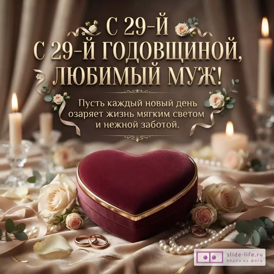 Открытка с бежевым фоном, золотыми буквами и цветами. В центре бордовая шкатулка в форме сердца, рядом кольца, жемчуг, розы и свечи. Текст: «С 29-й годовщиной, любимый муж! Пусть каждый новый день озаряет жизнь мягким светом и нежной заботой.»