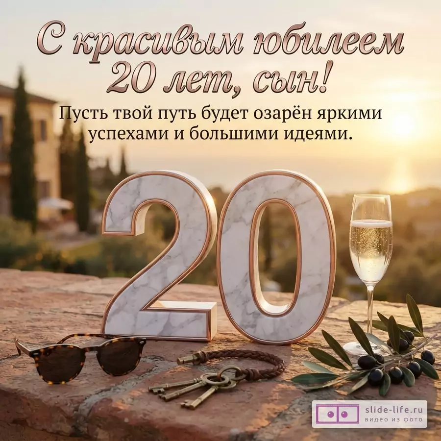 Мраморная цифра 20, бокал игристого, ключи и очки на каменном парапете на фоне заката с надписью «С красивым юбилеем 20 лет, сын! Пусть твой путь будет озарён яркими успехами и большими идеями.»