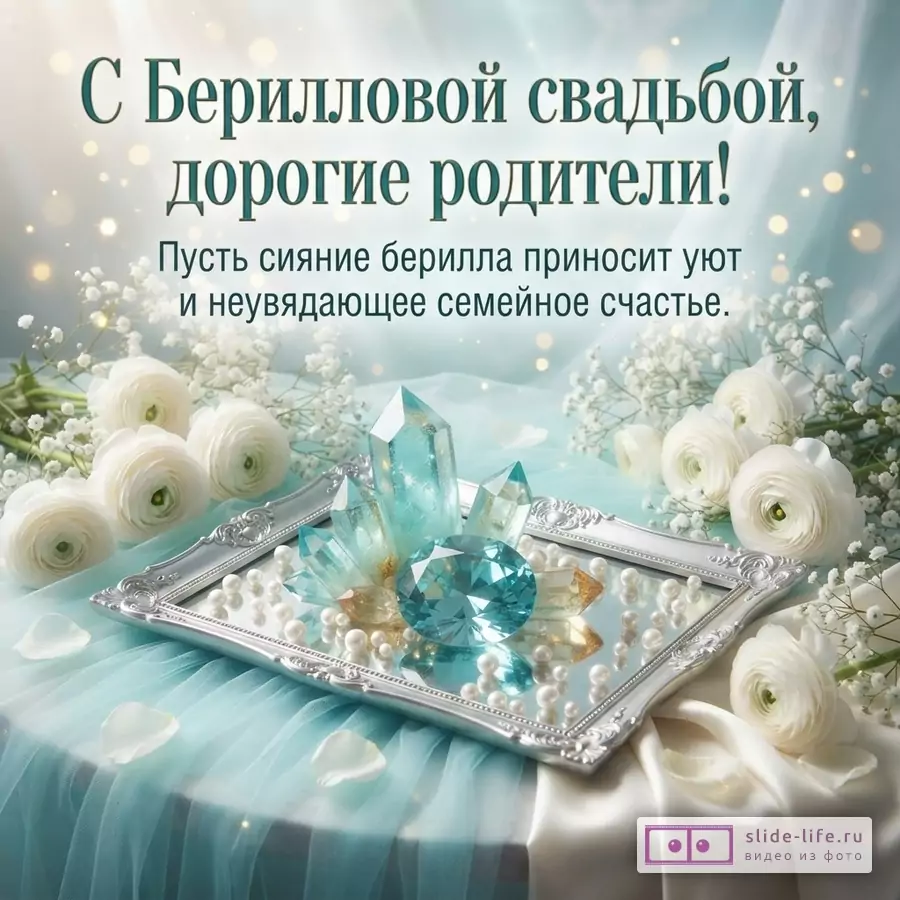 «С Берилловой свадьбой, дорогие родители! Пусть сияние берилла приносит уют и неувядающее семейное счастье.» Голубой фон, белые цветы, бериллы, жемчуг и серебряный поднос.