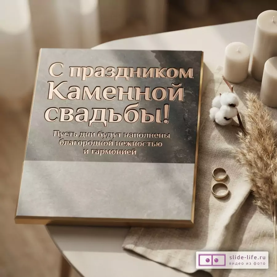 Открытка на сером фоне с золотой рамкой. Текст «С праздником Каменной свадьбы! Пусть дни будут наполнены благородной нежностью и гармонией».