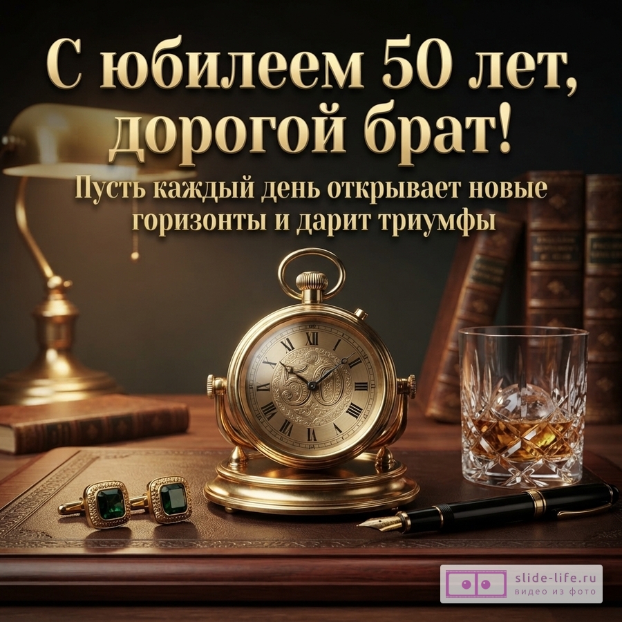 Темный фон, золотая настольная лампа, золотые часы, стакан виски, запонки с зелеными камнями, ручка. Текст: «С юбилеем 50 лет, дорогой брат! Пусть каждый день открывает новые горизонты и дарит триумфы»