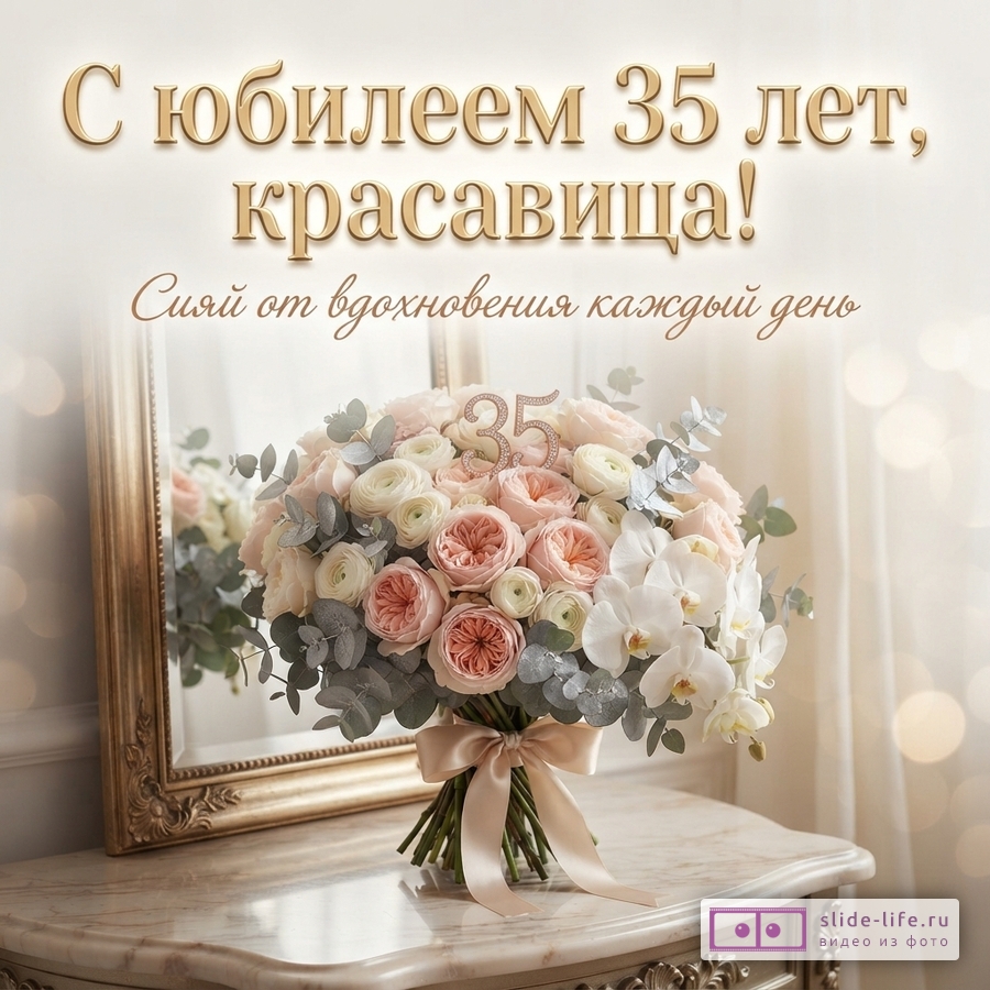 Букет роз, орхидей и эвкалипта на мраморном столике с золотистой надписью «С юбилеем 35 лет, красавица! Сияй от вдохновения каждый день».