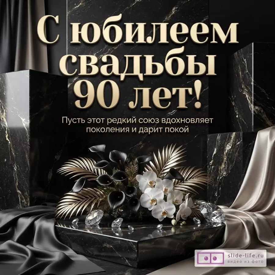 Черный мраморный фон с золотыми прожилками, драпировка из шелка, орхидеи, каллы, кристаллы и текст «С юбилеем свадьбы 90 лет! Пусть этот редкий союз вдохновляет поколения и дарит покой».