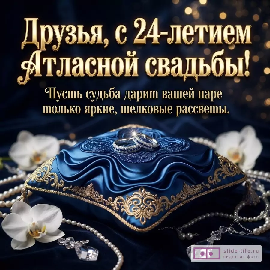 Синяя атласная подушечка с золотыми узорами и кольцами на темном фоне с жемчугом и надписью «Друзья, с 24-летием Атласной свадьбы! Пусть судьба дарит вашей паре только яркие, шелковые рассветы.»
