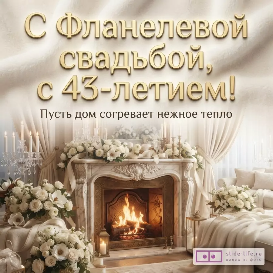 Бежевый фон, золотой текст, камин с огнем, белые цветы, свечи. Надпись: «С Фланелевой свадьбой, с 43-летием! Пусть дом согревает нежное тепло»