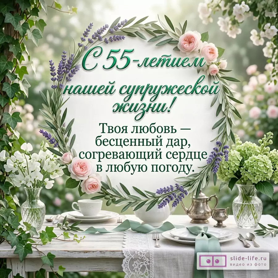 Открытка с текстом «Счастливой 55-й годовщины свадьбы! Ваша любовь — бесценный дар, который согревает сердце в любую погоду», светлый бежевый фон, букет розовых роз, лаванда, зеленые листья, стеклянная ваза, серебристые чайники, деревянный стол