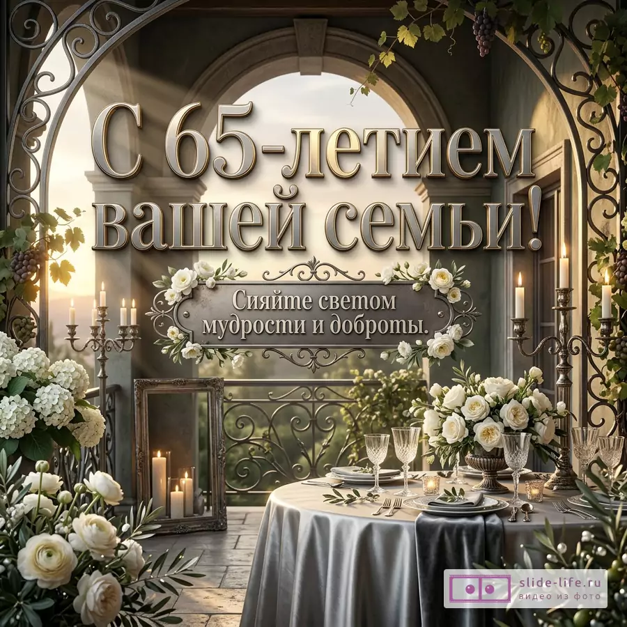 Арка с кованым узором, виноградные лозы, свечи, белые цветы, сервированный стол в бежево-золотых тонах, текст «С 65-летием вашей семьи! Сияйте светом мудрости и доброты.»
