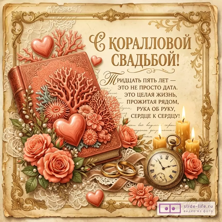 Бежевый винтажный фон, орнаментальная рамка, коралловая книга, сердца, розы, свечи, кольца и часы. Текст: «С КОРАЛЛОВОЙ СВАДЬБОЙ!», «Тридцать пять лет — это не просто дата. Это целая жизнь, прожитая рядом, рука об руку, сердце к сердцу!»