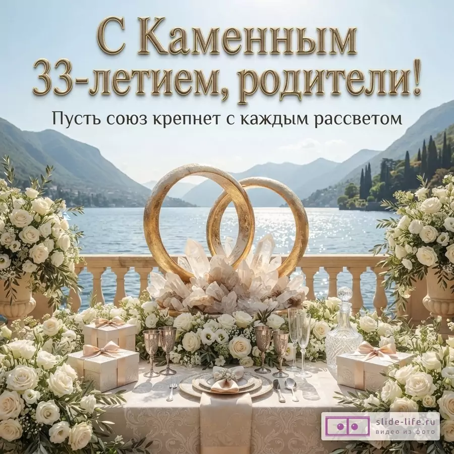 Открытка с Каменной свадьбой. На переднем плане стол, сервированный для двоих, украшенный белыми розами и подарками. На заднем плане озеро и горы. В центре стола два золотых кольца и кристаллы. Текст: «С Каменным 33-летием, родители! Пусть союз крепнет с каждым рассветом»
