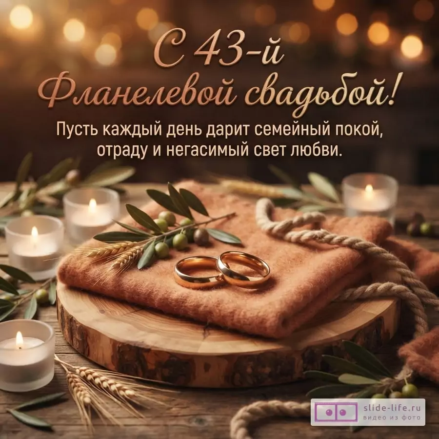 Фон боке, деревянная доска, оранжевая ткань, два золотых кольца, свечи, ветки оливы, колосья пшеницы. Текст: «С 43-й Фланелевой свадьбой! Пусть каждый день дарит семейный покой, отраду и негасимый свет любви.»