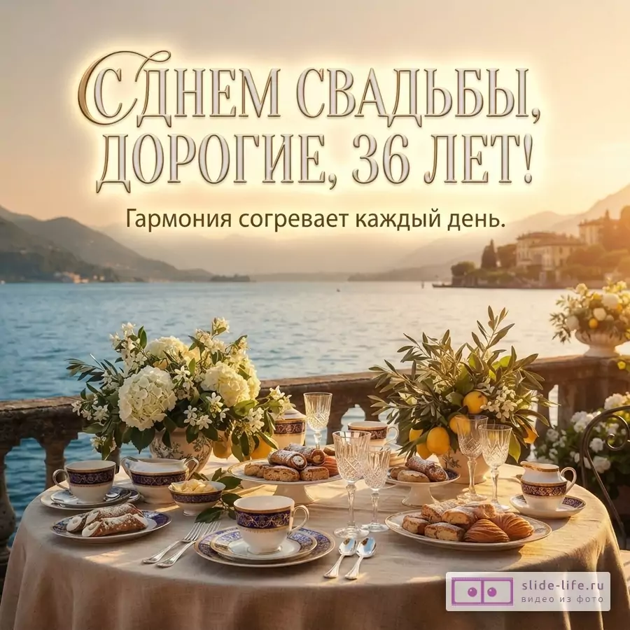 Стол с посудой и едой на фоне озера и гор, закат. Текст: «С ДНЕМ СВАДЬБЫ, ДОРОГИЕ, 36 ЛЕТ! Гармония согревает каждый день.»