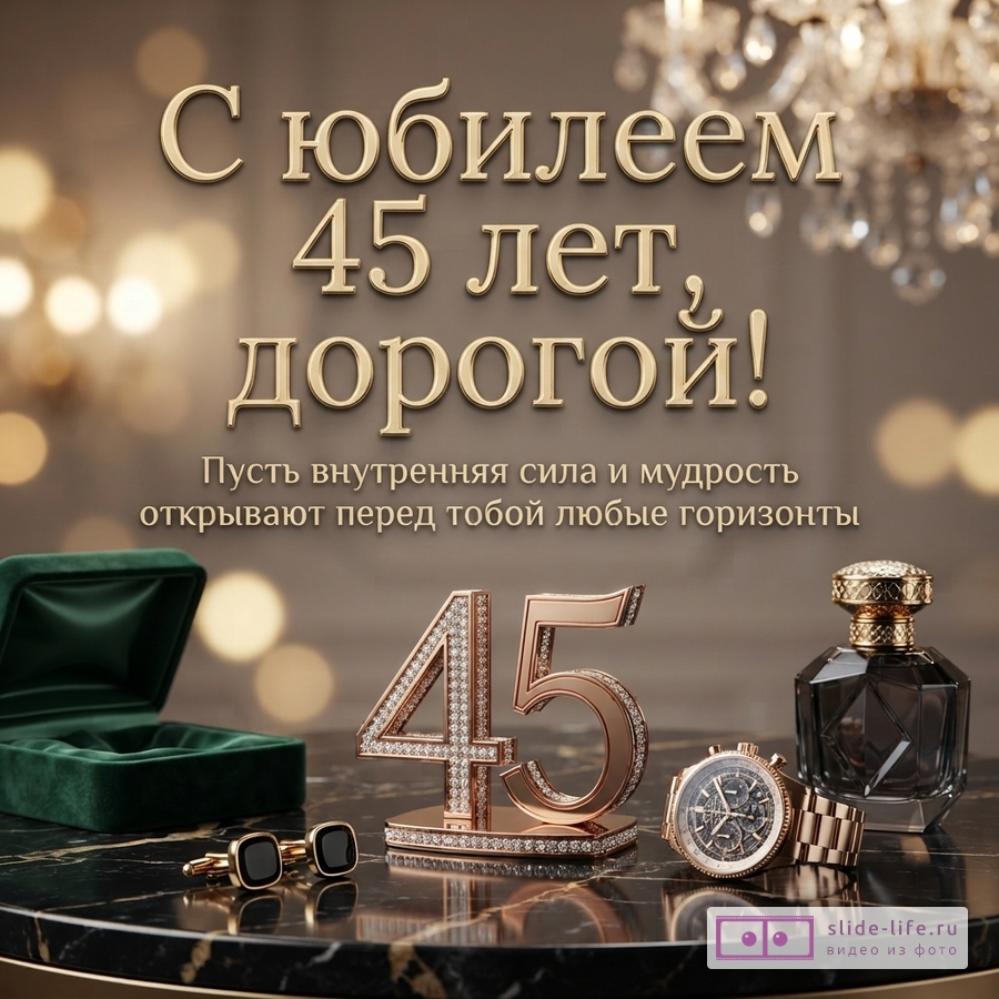 Фон коричневый с боке, сверху люстра. В центре золотой текст «С юбилеем 45 лет, дорогой! Пусть внутренняя сила и мудрость открывают перед тобой любые горизонты». Снизу на черном мраморном столе зеленая бархатная коробочка, золотые запонки, золотые цифры 45 с бриллиантами, золотые часы, флакон духов.