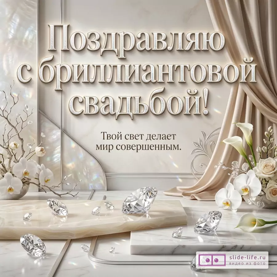 Светлая открытка с бело-бежевым фоном, крупной надписью «Поздравляю с бриллиантовой свадьбой! Твой свет делает мир совершенным.», шторами, белыми орхидеями, каллами и бриллиантами