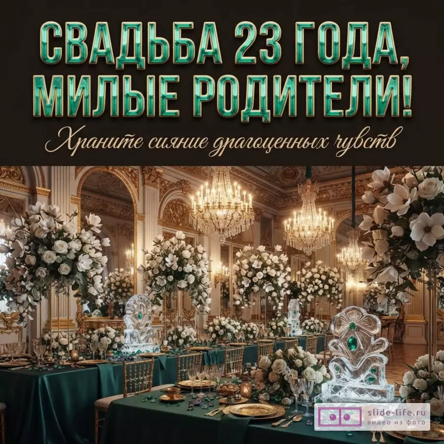 Банкетный зал с хрустальными люстрами, столами с изумрудными скатертями, белыми цветами и надписью «СВАДЬБА 23 ГОДА, МИЛЫЕ РОДИТЕЛИ! Храните сияние драгоценных чувств».