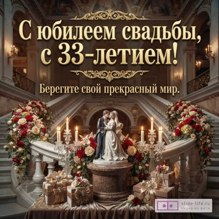 Открытка с золотым текстом на темном фоне, изображающая роскошный интерьер с лестницей, цветами, свечами и статуэткой молодоженов. Текст: «С юбилеем свадьбы, с 33-летием! Берегите свой прекрасный мир.»