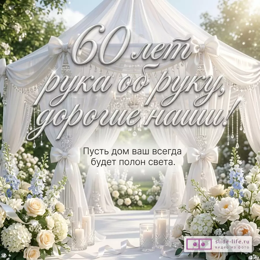 Белая свадебная арка с драпировками, бантами, хрустальными подвесками, свечами и белыми цветами на светлом фоне, текст «60 лет рука об руку, дорогие наши! Пусть дом ваш всегда будет полон света.»
