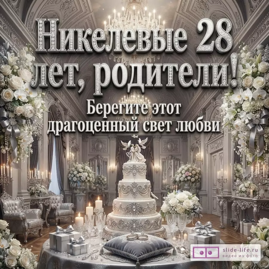 Свадебный торт, подарки, цветы, свечи на фоне роскошного интерьера в серых тонах. Текст: «Никелевые 28 лет, родители! Берегите этот драгоценный свет любви»