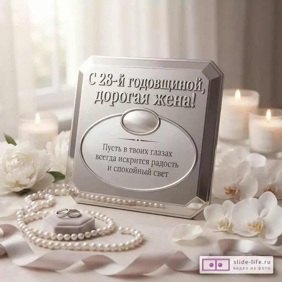 Серебряная рамка с текстом «С 28-й годовщиной, дорогая жена! Пусть в твоих глазах всегда искрится радость и спокойный свет», белые орхидеи, пионы, свечи, жемчужное ожерелье, обручальные кольца