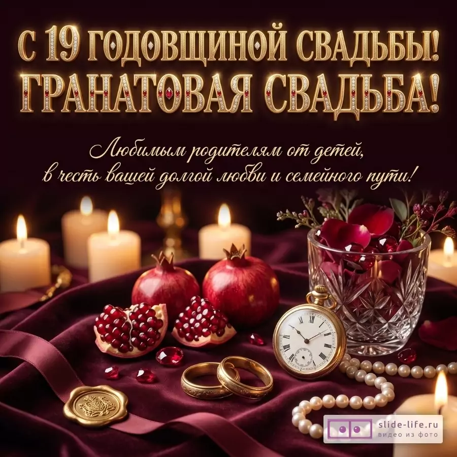 Бордовый фон, свечи, гранаты, золотые кольца, карманные часы, жемчуг и хрустальный бокал с лепестками. Текст: «С 19 ГОДОВЩИНОЙ СВАДЬБЫ! ГРАНАТОВАЯ СВАДЬБА! Любимым родителям от детей...»