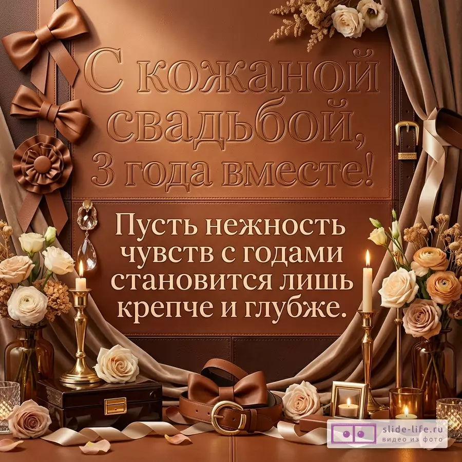 Коричневая кожаная открытка с цветами, свечами, лентами, ремнем и бантами, текст «С кожаной свадьбой, 3 года вместе! Пусть нежность чувств с годами становится лишь крепче и глубже.»