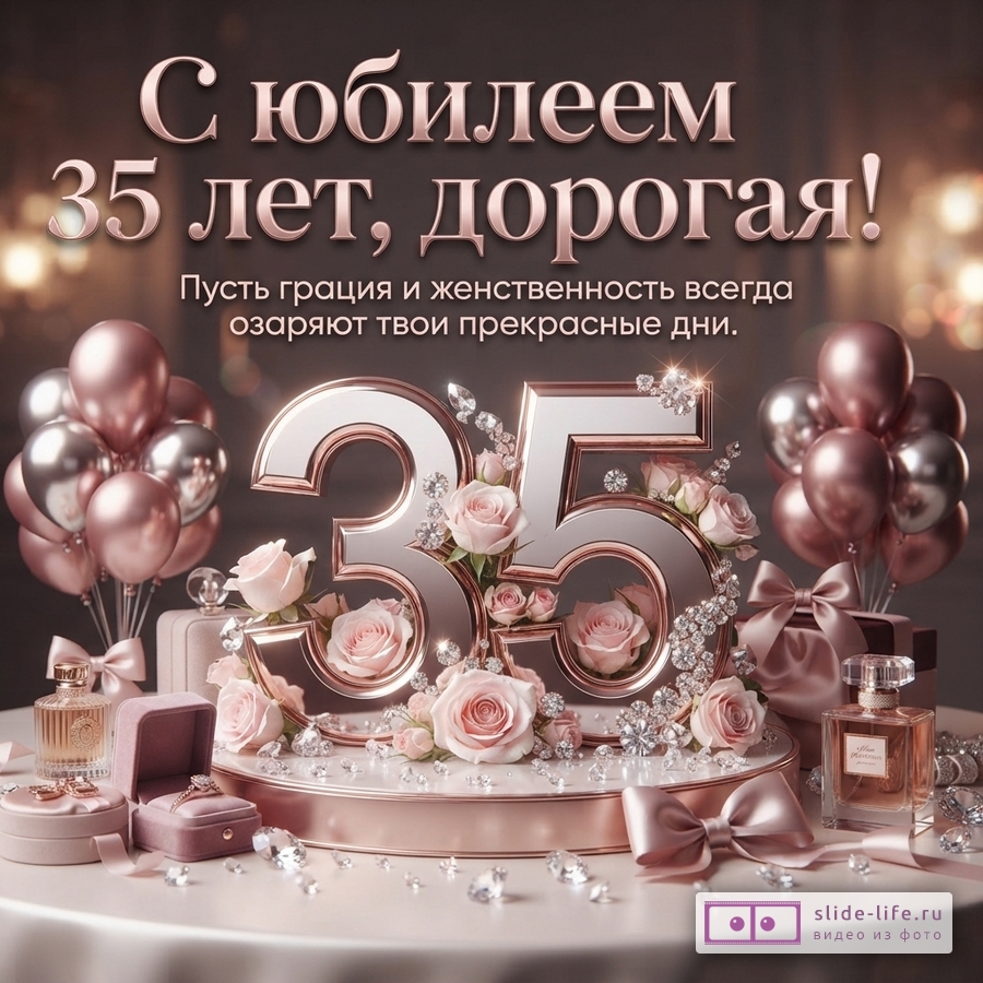 Объемная цифра 35 цвета розового золота с розами, шарами, флаконами духов и надписью «С юбилеем 35 лет, дорогая! Пусть грация и женственность всегда озаряют твои прекрасные дни.»