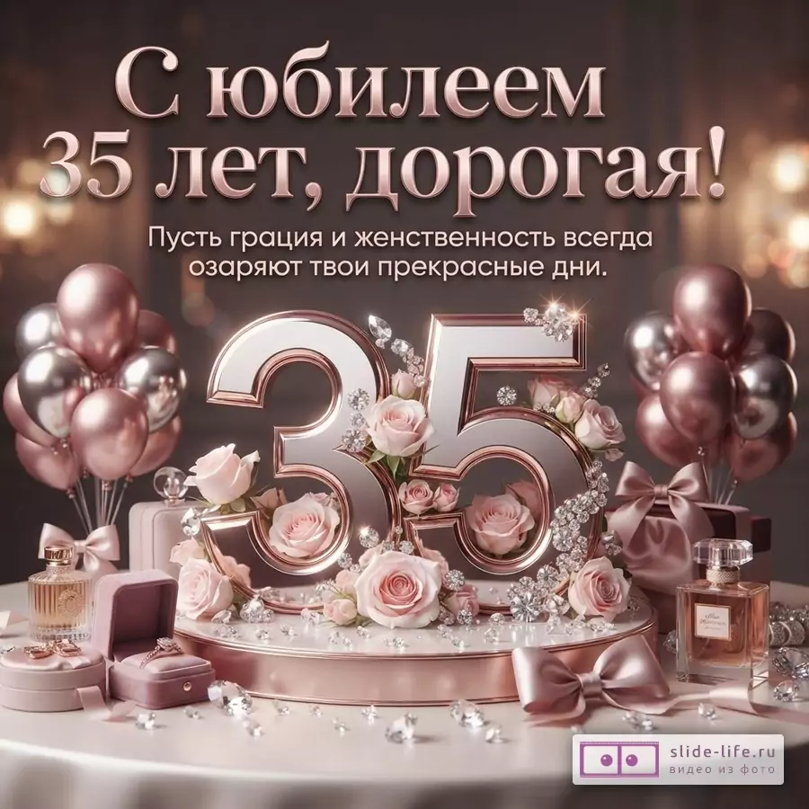 Объемная цифра 35 цвета розового золота с розами, шарами, флаконами духов и надписью «С юбилеем 35 лет, дорогая! Пусть грация и женственность всегда озаряют твои прекрасные дни.»
